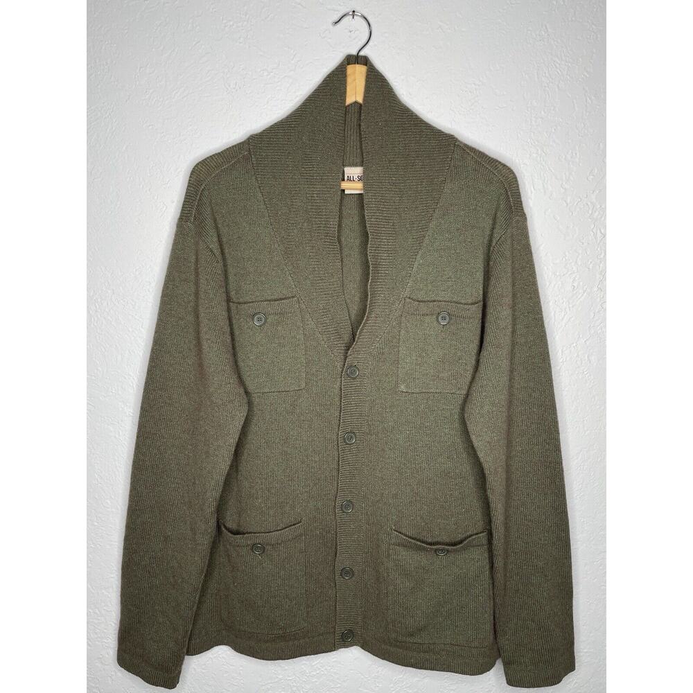 All-Son Cardigan Men's XL Olive Green Brown Sweater Grunge Skater Pockets Wool